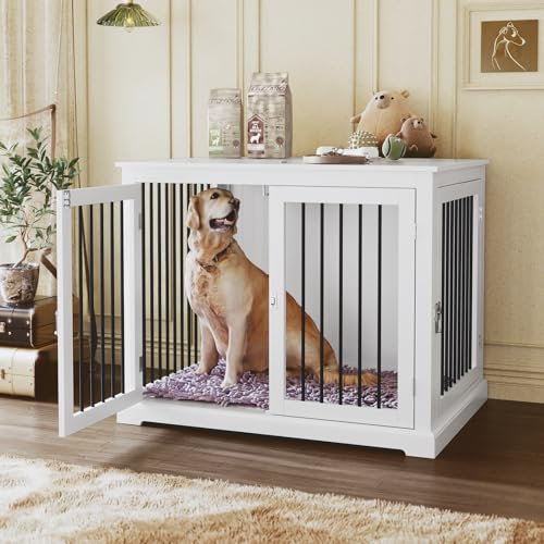 HOLTICO Large Dog Crate Furniture with Washable Cushion, Wooden Dog Crate Top End Table with 3 Doors, White Dog Cage for Large, Medium, Small Dogs