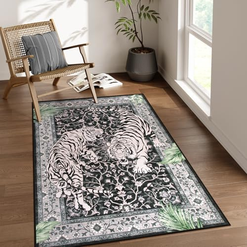 Moynesa Teppich mit Tigermotiv, 91 x 152 cm, waschbar, rutschfest, Vintage, weich, Wohnzimmerteppich, Boho-Niederflor, schmutzabweisend, für den Innenbereich, für Küche, Schlafzimmer, Eingang, Schwarz