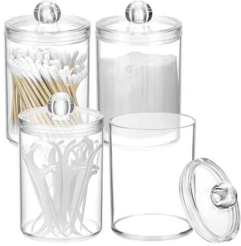QWORK® 4 Pack Clear Plastic Cotton Bud Holders with Lids , Make Up Pads Dispenser, for Cotton Balls, Swabs, Dental floss & More
