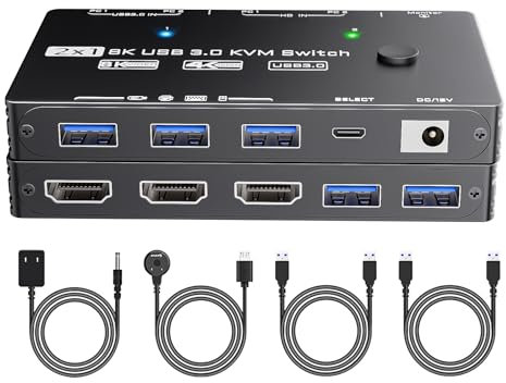 8K KVM Switch 1 Monitor 2 Computers 2 Port HDMI 2.1 USB 3.0 KVM Switches 2 IN 1 OUT Video Keyboard Mouse Switch Support 8K@60Hz/4K@120Hz with Wired Remote