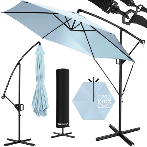 KESSER® Sombrilla de aluminio + cubierta de 350 cm de diámetro y manivela con soporte, protección UV de aluminio, resistente al agua, función de 360°, paraguas de jardín, color azul claro, azul claro,