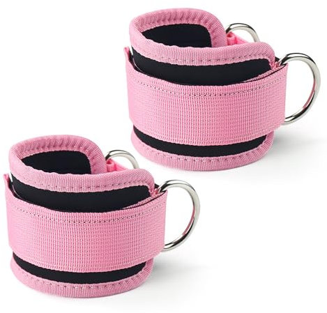 Ankle Straps for Cable Machine 1 Pair, Gym Wrist Cuff with Adjustable Neoprene Hook & Loop,Resistance Bands Attachment Double Stainless Steel D-Ring,Weight Lifting Curls Kickbacks Hip Abductor (Pink)