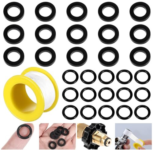 Prasacco Lot de 31 joints d'étanchéité, rondelles plates de 15 1/2 et 15 joints toriques de 1,5 cm OD avec 1 rouleau de ruban adhésif noir en caoutchouc pour robinet, tuyau de douche