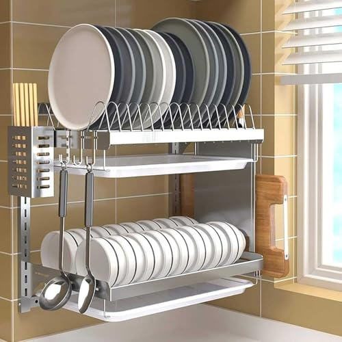 Wall-Mounted Only Dish Rack – 1mm Thick 304 Stainless Steel, Adjustable tiered spacing, Includes Cutlery Pot, Knife & Chopping Board Holder, 3 Hooks – Fixed to Wall (Not Freestanding) | Adjustable Wall-Mounted