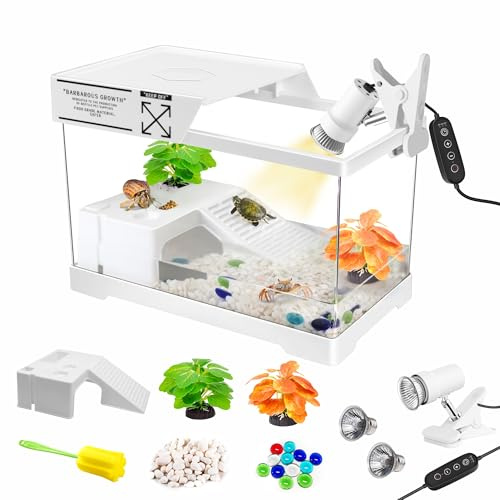 GOZILLA Mini-Schildkröten-Tank-Set mit Lampe, Upgrade-PC-Schildkröten-Tank-Starter-Set mit verstellbarer Lampe, Reptilien-Lebensraum mit Deckel, Sonnenplattform für Babyschildkröten und