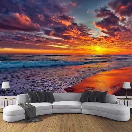 3d Papier Peint Panoramique Soie Paysage De Coucher De Soleil 400×280cm Coucher Soleil Sur Mer Grandes Murales Soie Poster pour Salon, Adulte Chambre d'enfants, Étude Bureau Décoration Bleu Orange