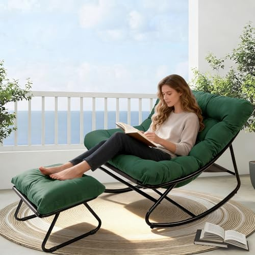 AlpineAura Schaukelstuhl mit Hocker Garten Schaukelsessel Relaxstuhl Wohnzimmer Lesesessel mit Gepolsterter, Schwingsessel Patio, bis 150 kg, für Garten, Hof, Schlafzimmer