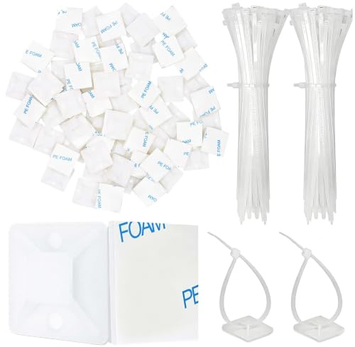 Qaestuan 100 Piezas Juego Soportes Adhesivos para Bridas de Cable, 20 x 20mm Organizadores de Cables Autoadhesivos, Sujeta Cables con Soporte Adhesivo, Organizador Escritorio, Pared, Mesa
