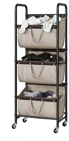 GRANNY SAYS 3 Tie Laundry Sorter, Laundry Basket with Wheels, Laundry Room Organisation and Storage, 3 Section Rolling Laundry Cart for Dorm Bathroom Bedroom Closet, Light Khaki