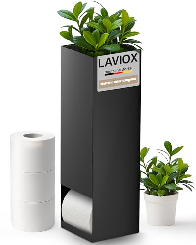 LAVIOX Toilettenpapierspender mit Pflanzenfach – schwarz matt, pulverbeschichtetes Metall – zur Aufbewahrung von 3 großen Klorollen, 15 x 15 x 50 cm (LxBxH)