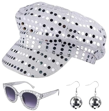 Generisch 3 Stück Abba Kostüm Damen Accessoires Set 70er Jahre Paillettenhut Silber Disco Glitzer Hut mit Pailletten-Sonnenbrille und Brille Disco Kostüm Set für Karneval Themenparty