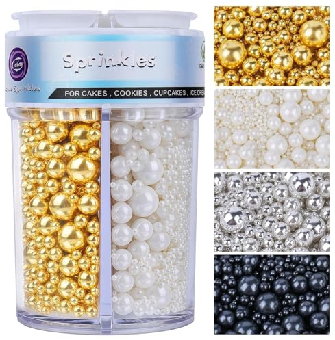 Perlen Streusel, 4 Farben (Gold, Weiß, Schwarz, Silber) - Essbare Zuckerperlen Backdekoration für Kuchen, Cupcakes, Desserts - Ideal für Hochzeiten, Parties, Geburtstage, Sprinkles