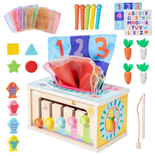 MFUSUL Jouet Enfant 1 an, Jouet Montessori 1 2 3 Ans, 7 en 1 Boite a Mouchoir Bebe, Jeux Montessori Enfant 1-3 Ans en Bois Jeux Educatif Eveil, Jeux Enfants Cadeau Enfant 1 2 3 Ans