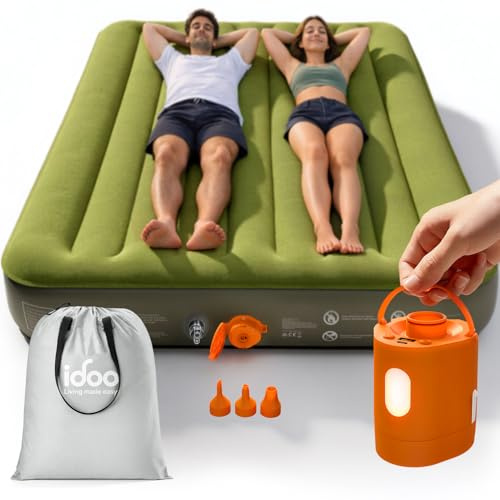 iDOO King Camping Bed, Inflatable Mattress with Rechargeable Cordless Pump | Camping Essentials Self Inflating in 2 Mins,Inflatable Blow Up Mattress for Outdoor, Tent, LED Light, USB Charging included