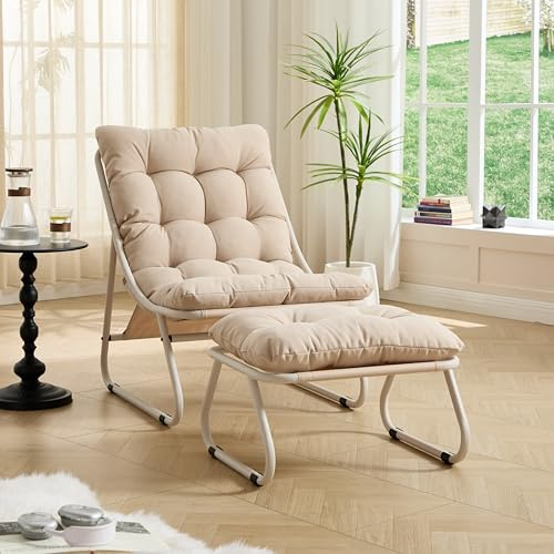 Gecheer Patio Outdoor Lounge Chair with Ottoman, Comfy Sling Recliner with Puffy Cushion and Foot Stool, Adjustable Backrest, Armless, for Living Room, Bedroom, Reading Room or Sunroom