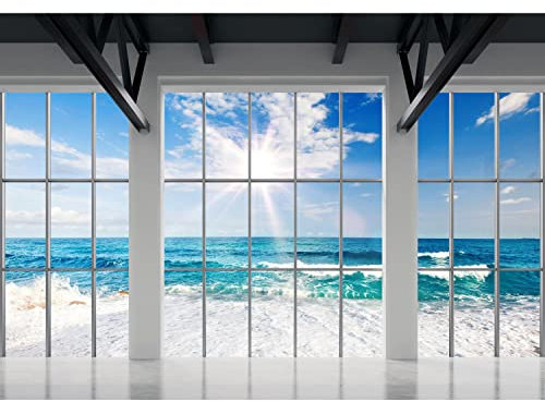 Runa Art Fototapete Fenster Strand Meer 352 x 250 cm Vlies Tapeten XXL Moderne Wandtapete Wohnzimmer Schlafzimmer Blau Weiss 9188011c