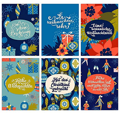 Papierdrachen Weihnachtskarten Set - 12 liebevoll gestaltete Postkarten zu Weihnachten - Kunstdruck zum Verschicken, Pakete dekorieren und Sammeln - Karten Set 2 - Blau