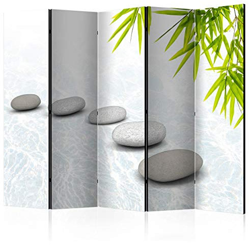 decomonkey Paravent Raumteiler Innen Spa Zen 225x172 cm 5 Teilig Einseitig Room Divider Wall Raumteiler Stehend Trennwand Sichtschutz Spanische Wand Sichtschutzwand Wohnzimmer Holz Natur Stein
