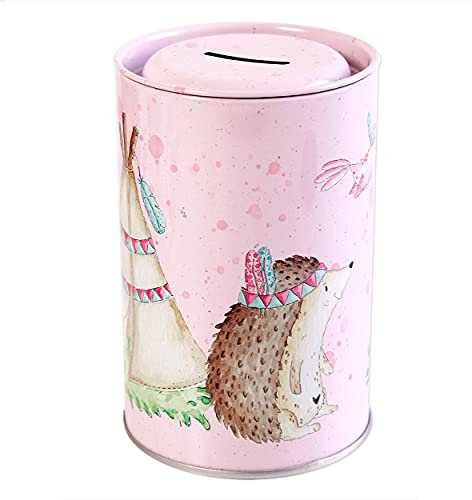 Spardose für Kinder mit Igel & Co. | Sparschwein Blechdose Indianer - Tiere für Mädchen | Prima Geschenkidee zu Geburtstag, Einschulung und Anderen Anlässen