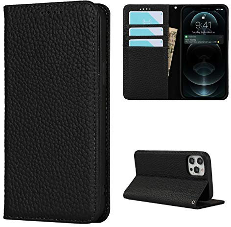 Copmob Phone Case iPhone 12 Pro Max,Flip Genuine Leather Wallet Case,[4 Slots][Magnetic closure][With Lanyard],Protective Cover Case for iPhone 12 Pro Max - Black