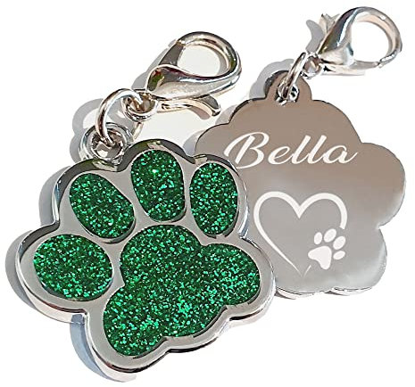 Edelstahl Hundemarke mit Gravur Glitzerpfote Plakette graviert Name Telefonnummer Adressanhänger personalisiert dog tag für Hunde oder Katzen (grün), 27x29x2,20 mm (ca. 2 Euro Münze), PIU-HM-Pfote-01