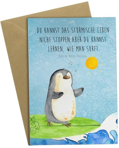 Mr. & Mrs. Panda Grußkarte Pinguin Surfer - Geschenk, Hawaii, Portugal, Hochzeitskarte, optimistisch, Einladungskarte, Wellen, Geburtstagskarte,