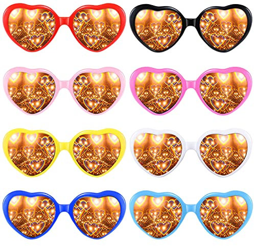 Vegena 8 Stück Herz Effekt Brille, 3D Pfirsichherz Brille Beugungs Brille Retro Partybrille für Kostümfest Fasching Musik im Freien Party Bar Feuerwerk (Farbe)