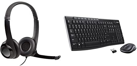 Logitech H390 Wired Headset, Stereo Headphones - Black & MK270 Wireless Keyboard and Mouse Combo for Windows, 2.4 GHz Wireless, Compact Mouse, 8 Multimedia and Shortcut Keys - Black