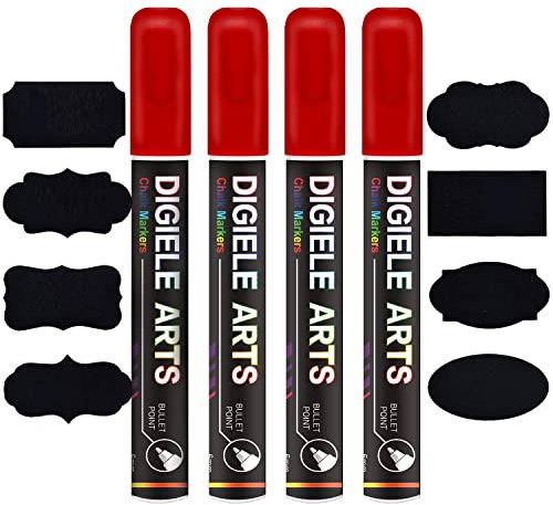 DIGIELE Kreidestift Rot, 4 Stücke Rot Kreidestifte 6mm + 16 Tafel Labels, Reversibel Dünne oder Mittlere Spitze, Trocken oder Feucht Abwischbare Flüssigkreide für Whiteboard, Tafel, Fenster & Glas