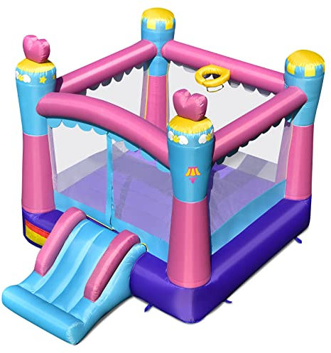 COSTWAY Casa Inflable, Castillo Inflable 3 en 1 con Tema Princesas con Área para Saltar, Tobogán, Aro de Baloncesto, Kit de Reparación, Inflable para Niños para Uso Interno y Externo (sin Compresor)