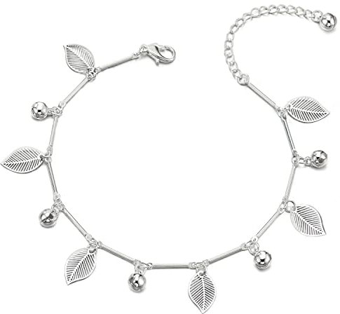 COOLSTEELANDBEYOND Femme Bracelets de Cheville avec Pendantes Feuilles et Grelot Charms