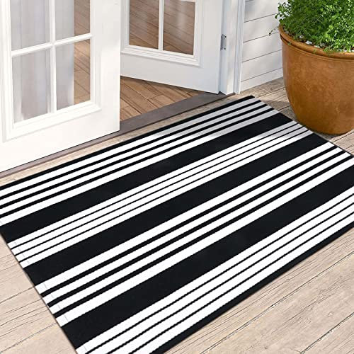 Fußmatten für den Außenbereich, 70x109 cm, Schwarz und Weiß, Outdoor-Teppich, Baumwolle, handgewebt, maschinenwaschbar, geschichtete Fußmatten für Veranda/Bauernhaus/Küche/Eingang/Terrasse