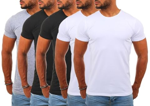 Young & Rich Herren Uni Basic T-Shirt mit Rundhals Ausschnitt einfarbig Stretch körperbetonte Dehnbare Passform 1701