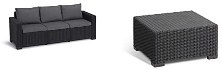 Keter Allibert by Gartenlounge Sofa California 3-Sitzer, Graphit/cool Grey, 199 x 68 x 72 cm & Allibert by California Gartentisch aus Kunststoff, Beistelltisch für Garten, 68 x 68 x 35 cm