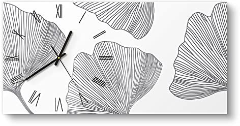 DEQORI Glasuhr | vertikal 60x30 cm | Motiv Skizzierte Ginkgoblätter | große XXL Design Uhr aus Glas | leise Wanduhr für Wohnzimmer & Küche | Moderne Hingucker Uhr für die Wand