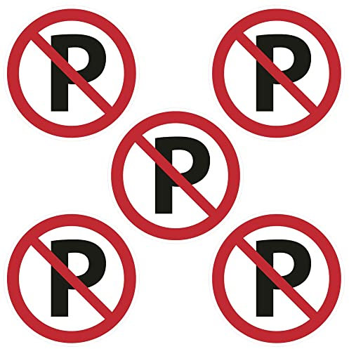 Kleberio® Selbstklebende Aufkleber - Parken verboten - 10 cm 5 Stück Piktogramm wetterfest für Privatgrundstück, Privatweg, Privatparkplatz, Firmengelände, kein Abstellen von Fahrzeugen