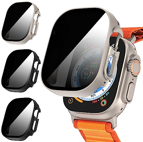 Diruite 3Pcs Coque pour Apple Watch Ultra 3/2/1 49mm Anti-Espion | Case Matériel PC Dur avec Verre Trempé Anti-Spy Privacy,Ultra-mince,Haute Sensibilité,Résistant aux Rayures Protection