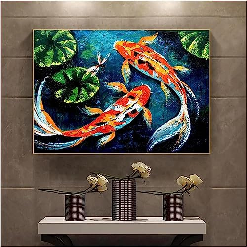 HTWLMM Leinwand Bilder Koi Fisch Karpfen Tier Malerei Poster Kunstdruck für Küche Wandbilder Deko (Rahmenlos) (50X70CM)