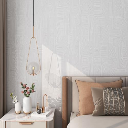 FunStick 40CM×6M Papier Peint Blanc Géométrique Papiers Peints Salle de Bain Lavable Mural Vinyle Adhesif pour Cuisine Armoire Papier Peint Rayé Gris et Blanc Rouleau Adhesif pour Meuble Cuisine Salon