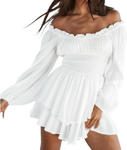 White Off Shoulder Mini Dress with Integrated Shorts - 2 in 1 Long/Short Sleeve Ruffle A-Line Pirate Costume Dress