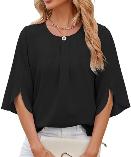 OLIPHEE Blouse Femme Chemisier Femme Chic et Élégant Chemisier en Mousseline Blouse Manches Courtes à Volants Chemise Boutonné T-Shirt Col Rond Casual Mode A-Noir S