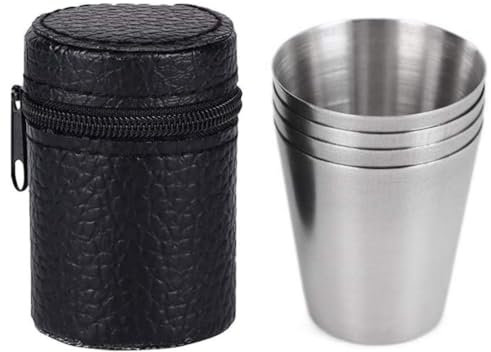 KOMUNJ Juego de 4 vasos de acero inoxidable, vasos de chupito apilables con 3 bolsas de piel, vasos de acero inoxidable, 4 vasos de 30 ml, vasos de chupito para exteriores, vacaciones, camping