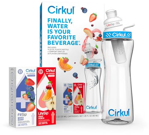 Cirkul 22oz. BPA-Free Plastic Water Bottle Starter Kit with Blue Lid, 2 Flavor Cartridges (1 LifeSip Fruit Punch, 1 FitSip Mixed Berry) Zero Calories and No Sugar