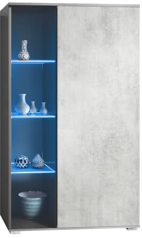Vladon Vitrine Davos, Made in Germany, Standvitrine mit 3 Glasböden und 8 Fächer inkl. LED, Anthrazit matt/Beton Oxid Optik (71,5 x 134 x 35 cm)