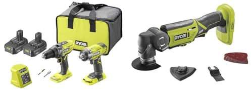 Ryobi R18PD3RID-215S 18V ONE+ Cordless Combi Drill and Impact Driver Starter Kit (2X 1.5Ah) Amazon Exclusive & ONEPlus R18MT-0 18V Cordless Multi tool (Zero tool), Hyper Green