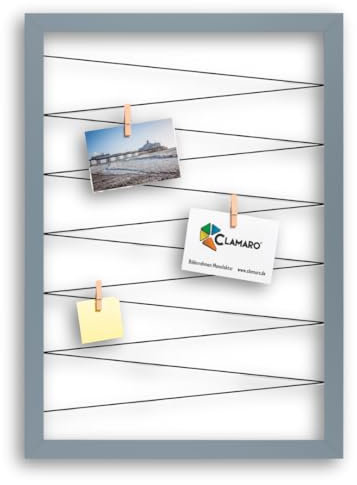 CLAMARO 'Collage Flex' Fotohalter 50x70 cm | Graublau | Bilderrahmen Fotorahmen Collage mit Gummibändern und Foto Holzklammern | Ideal als Galerie für Fotos oder Postkarten