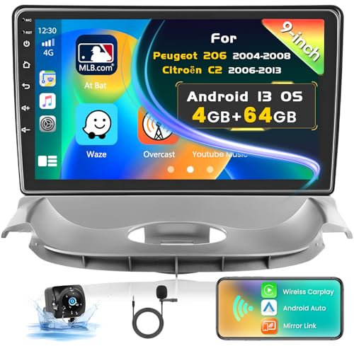 4G+64G Inefala Radio Coche Peugeot 206 2004-2008/Citroën C2 2006-2013 con Inalámbrico Carplay Android Auto, 9 Pantalla Táctil Autoradio Bluetooth con GPS WiFi FM/RDS SWC Cámara Trasera Mic