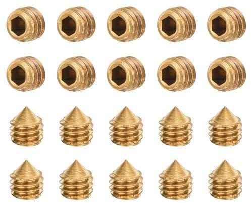 sourcing map 20Pcs Set Screws M4x4mm Brass Cone Point Hex Socket Grub Screws for Machinery, Home Repairs, and Fixtures Gold Tone