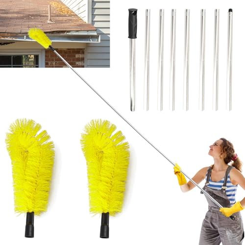 Brosse de nettoyage télescopique de gouttière – Équipement de nettoyage de gouttière de toit extensible, 2 brosses et 8 bâtons télescopiques pour nettoyer les feuilles, les fenêtres, les gouttières,