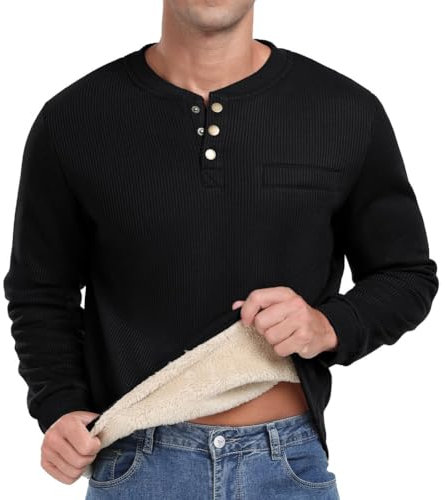Sailwind Herren Henley Sweatshirts Mit Plüsch Waffel Langarm T Shirt Warm Thermo-Oberteile Lässiger Winter Pullover Sweater Für Männer (Schwarz, M)